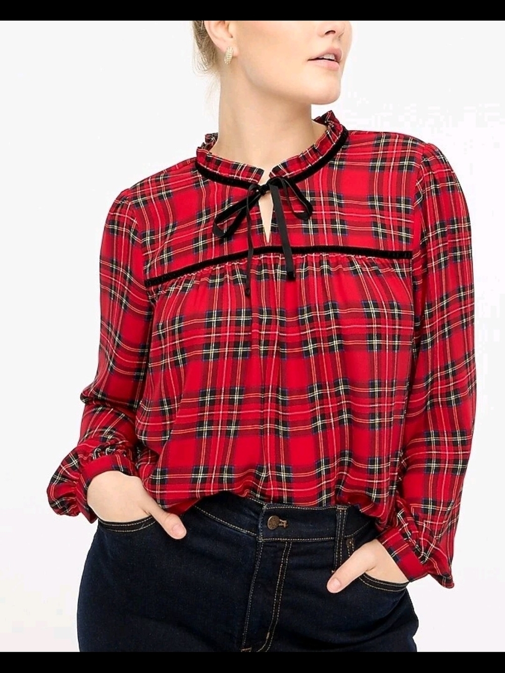 J. Crew Red Plaid Velvet Tie-Neck Chiffon Blouse Size 2X
